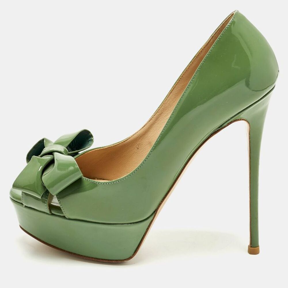 Valentino Couture Size 36.5 Green Patent Leather Bow Peep Toe Platform Pumps